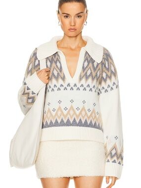 Jonathan Simkhai Ivory V‑Neck Fair Isle Sweater with Beige & Gray Accents